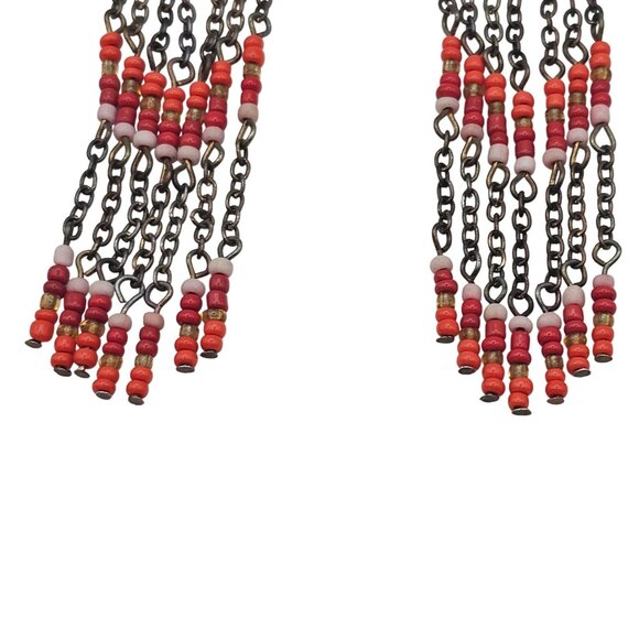 Beaded Orange Dangle Drop Brass Tone Hippie Boho Gypsy Tassel Rustic Earrings - Picture 4 of 10